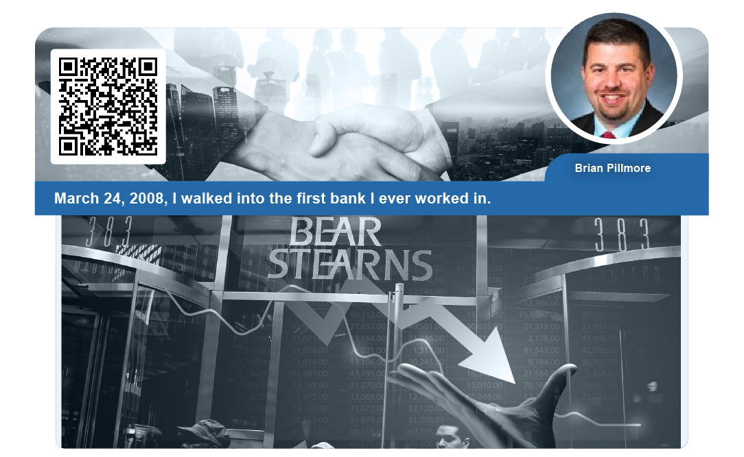March 24, 2008, I walked into the first bank I ever worked in. Bear Stearns was on the brink of bankruptcy. Countrywide had been purchased for $4B in stock from Bank of America in January.